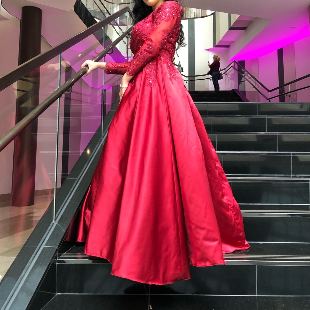 red long sleeved ball gown prom dress
